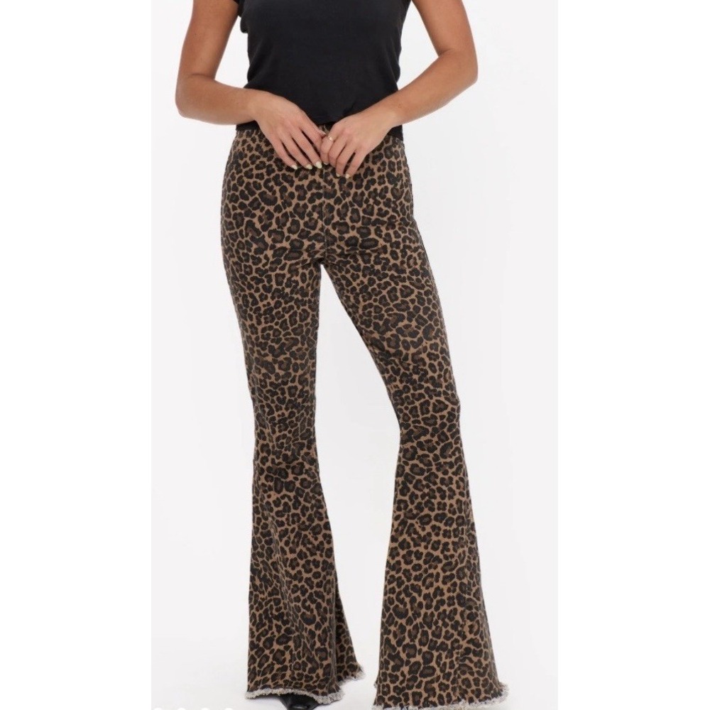 Mumu Blue Jeans Womens 27 Brown Leopard Animal Print Flare Denim Boho Pants